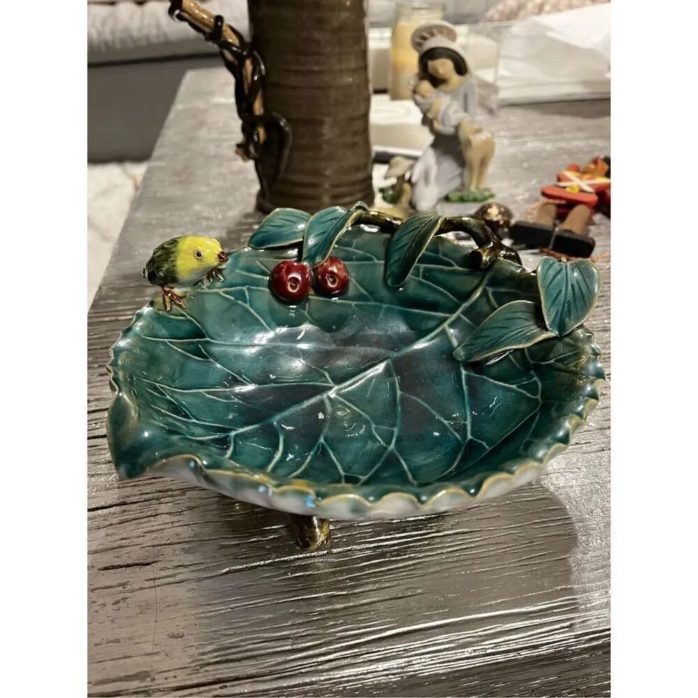 Majolica Pottery Footed Green Cabbage Leaf Bowl w/ Bird & Cherries EUC